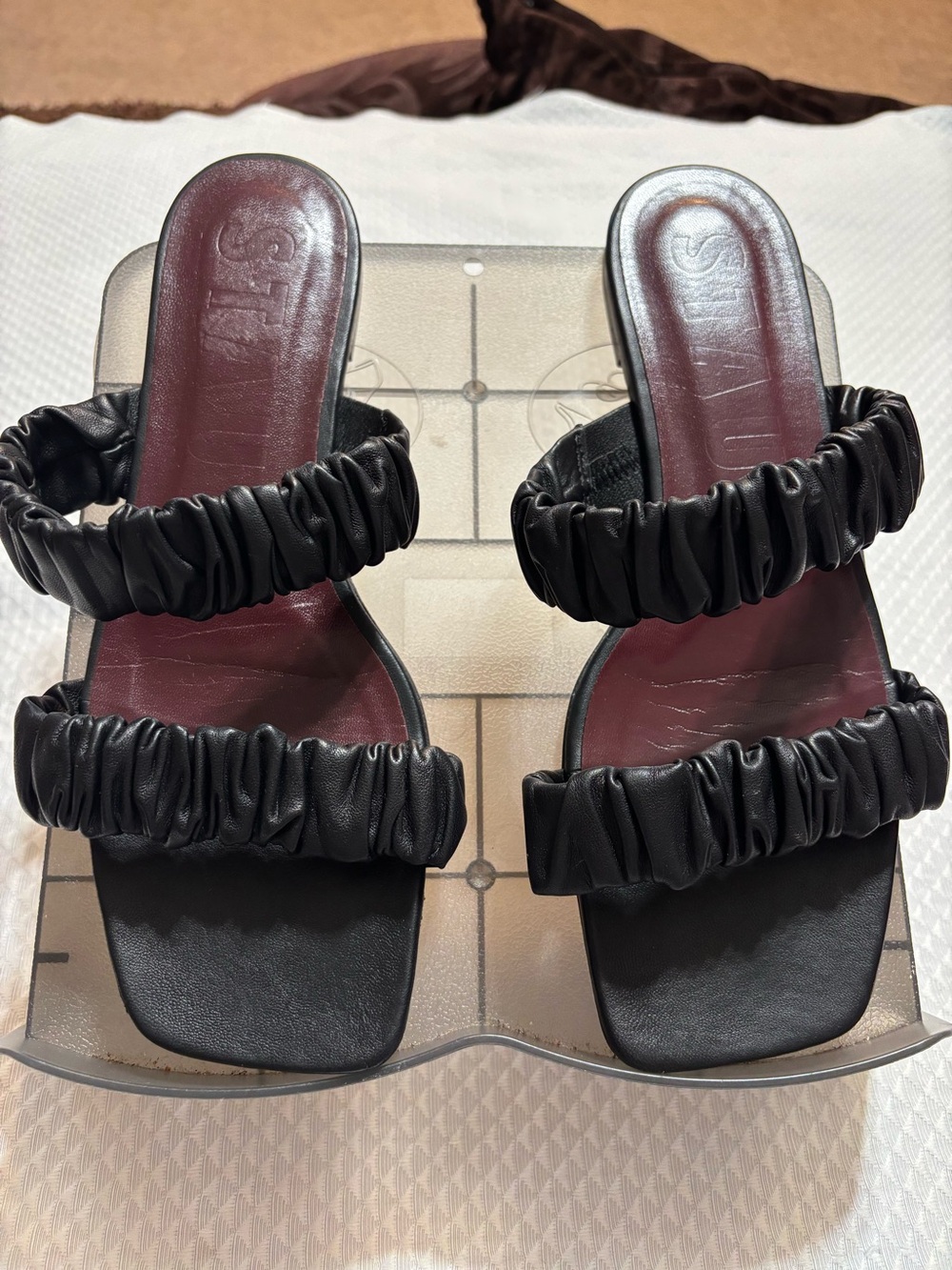 STAUD Black Ruched Double-Strap Slide Mules with Burgundy Footbed